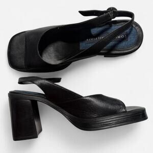 Y2k Tommy Hilfiger Vintage Black Leather Square Toe Slingback Block-heel Sandals